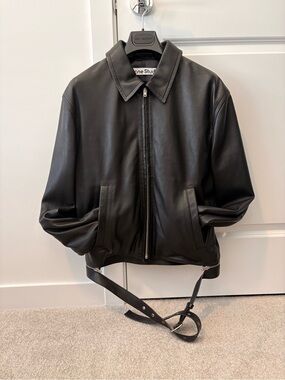 Acne Black Leather Bomber Jacket with Waist Belt
